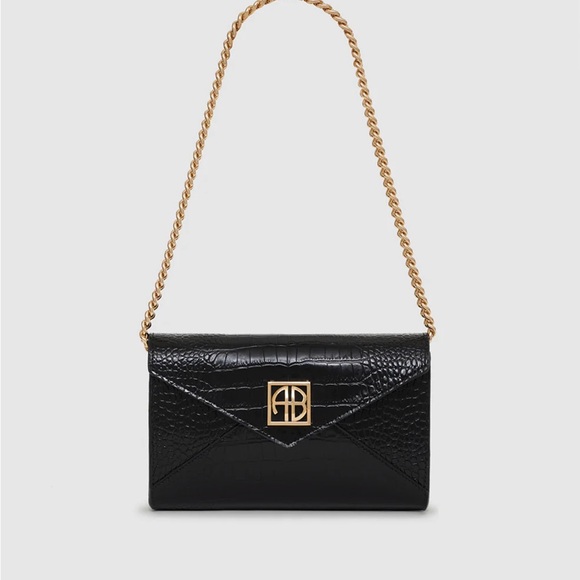 Anine Bing Handbags - NWT Anine Bing Small Elly Clutch Black Embossed Gold Logo Patent Shiny Croc Bag